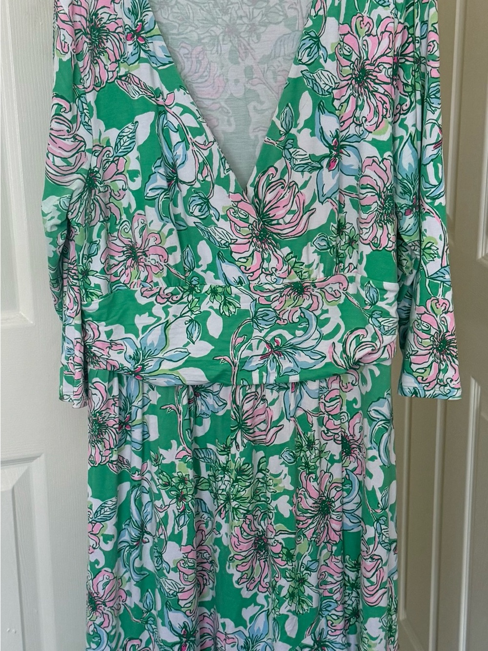 Lilly Pulitzer Green Floral Wrap-Style Midi Dress with Pink Accents